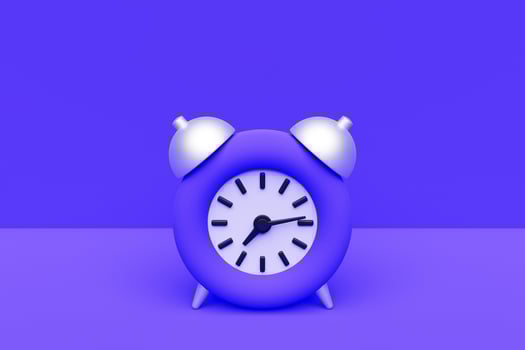 3d illustration purple cartoon wake up alarm clock on isolated monochrome background photo