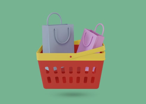 3D rendering of shopping cart and shopping bags isolated on white background photo