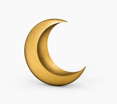 Golden crescent moon. Element isolated on white background, Eid Ramadan sign 3d illustration photo