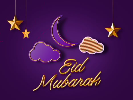 Eid Mubarak Islamic background template Elegant Ramadan celebration Golden stars hanging clouds pattern purple blue banner with crescent moon meaning happy holiday, 3d illustration photo