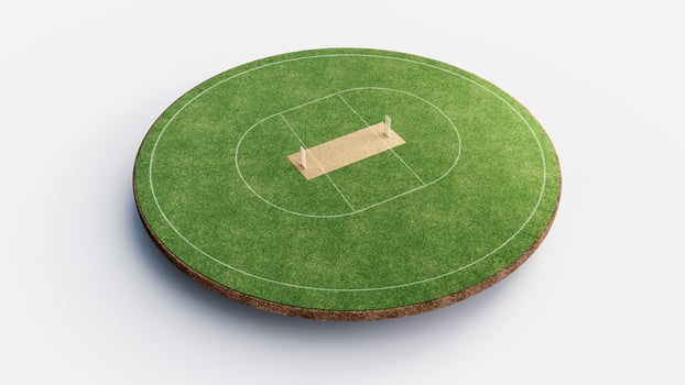 Cricket Stadium Front view on cricket pitch or ball sport game field, grass stadium or circle arena for cricketer series, green lawn or ground for batsman, bowler. Outfield 3D Illustration photo