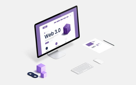 Desk with computer display and Web 3.0 presentation in isometric position concept. Code sketches beside and blocks with a chain photo