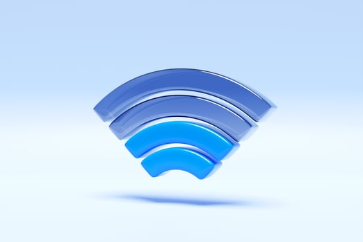 Wireless network symbol. Blue wifi icon on blue background, 3d illustration photo