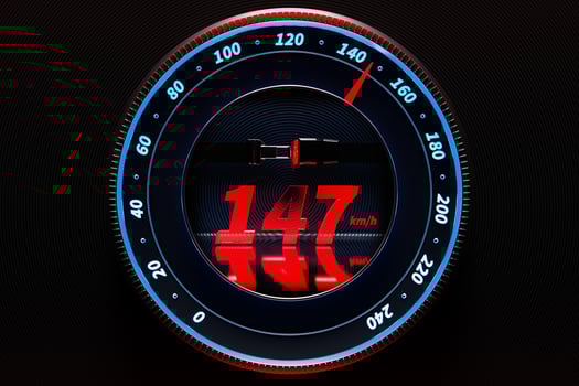 3D illustration close up black car panel, digital bright speedometer  with icon seat belt fastening . The speedometer needle shows a maximum speed of 147 km  h photo