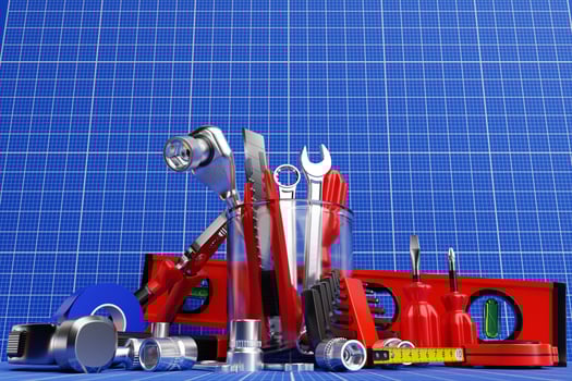 Construction tool shop service concept. set of all tools for home repair builder on a white background. 3d illustration photo