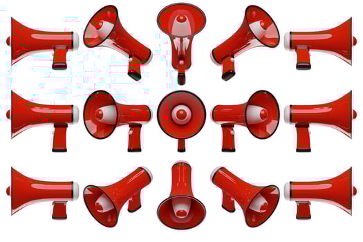 Red  cartoon loudspeaker from all sides on a white monochrome background. 3d illustration of a megaphone. Advertising symbol, promotion concept. photo