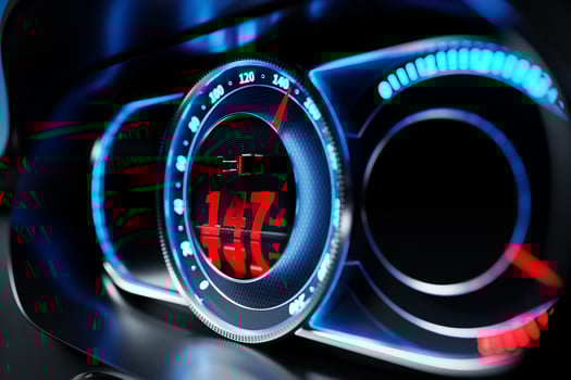3D illustration of the new car interior details. Speedometer shows a maximum speed of 147 km  h, tachometer with red backlight with icon seat belt fastening photo