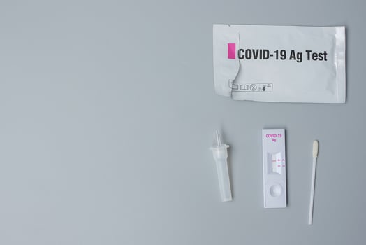 Rapid Antigen Test kit with Negative result during swab COVID-19 testing. Coronavirus Self nasal or Home test, Lockdown and Home Isolation concept photo