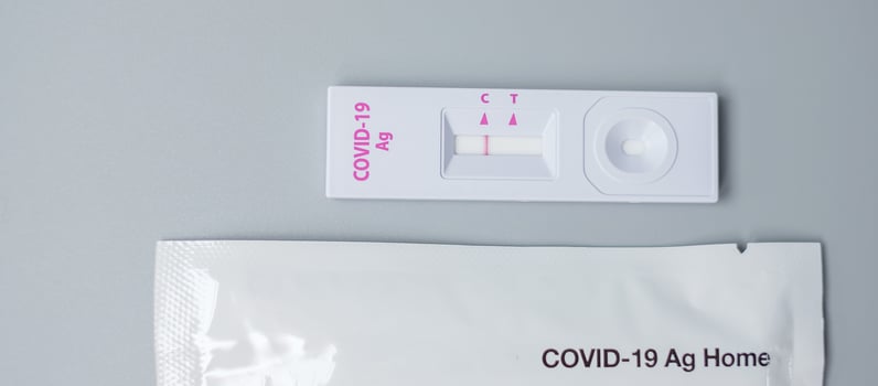 Rapid Antigen Test kit with Negative result during swab COVID-19 testing. Coronavirus Self nasal or Home test, Lockdown and Home Isolation concept photo