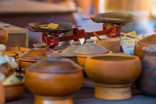 Shallow depth of field shot of old scales weight balance,Preparation natural to traditional medicine with Dried Thai herbs photo