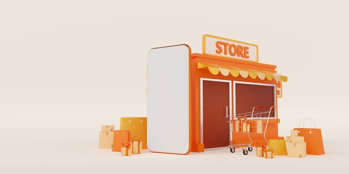 E-commerce concept, Convenience store shopping online on mobile, 3d illustration photo