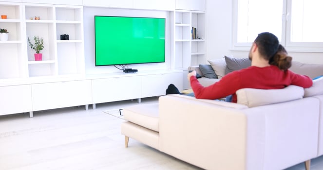 Young couple on the sofa watching television photo