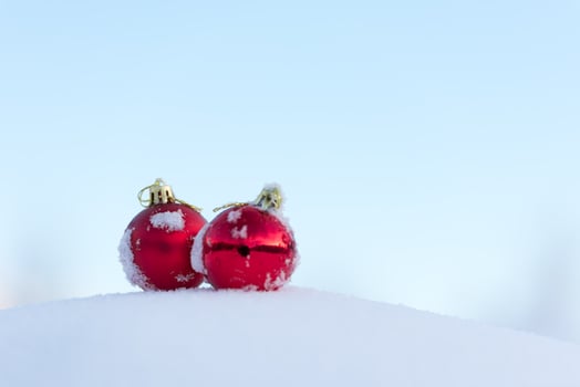 red christmas balls in fresh snow photo