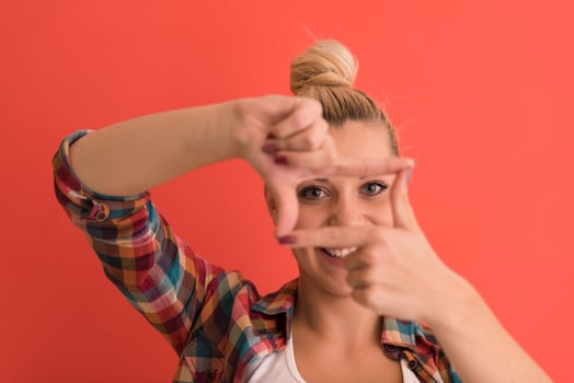 young woman over color background photo