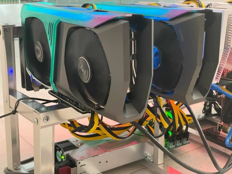 Row of bitcoin miners set up on the wired shelfs. Device for mining crypto currency. Mining cryptocurrency. Bitcoin farm. Machines for mining cryptocurrency bitcoin. Electronic device at day. photo