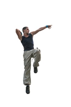 young man jumping in air outdoor at night ready for party photo