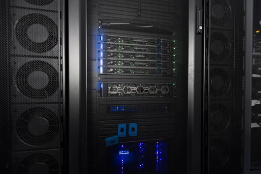 Data Center With Multiple Rows of Fully Operational Server Racks. Modern Telecommunications, Cloud Computing, Artificial Intelligence, Database, Supercomputer Technology Concept. photo