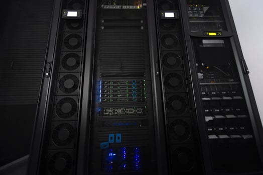 Data Center With Multiple Rows of Fully Operational Server Racks. Modern Telecommunications, Cloud Computing, Artificial Intelligence, Database, Supercomputer Technology Concept. photo