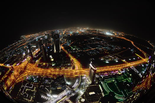 Panorama of down town Dubai city at night photo
