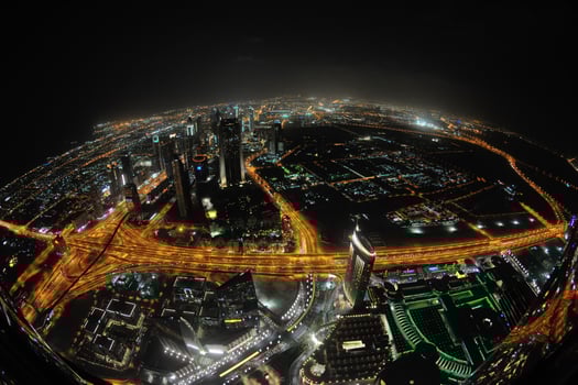 Panorama of down town Dubai city at night photo