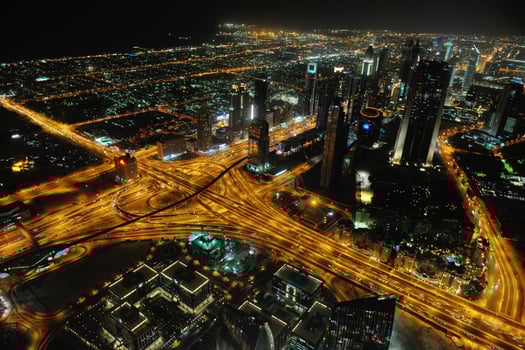 Panorama of down town Dubai city at night photo
