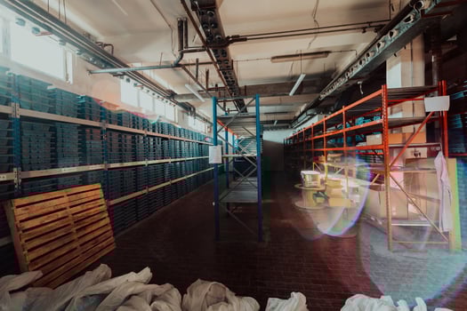 Gold mining storage rock core samples geology drilling industy. Large ore warehouse in modern industry, ores stacked in boxes. Selective focus photo