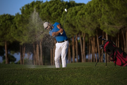 golfer hitting a sand bunker shot on sunset photo