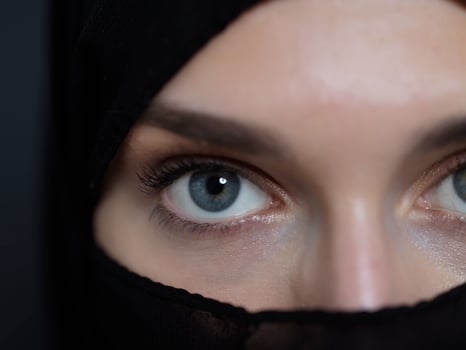 Portrait of muslim woman wearing niqab and traditional arabic clothes or abaya photo
