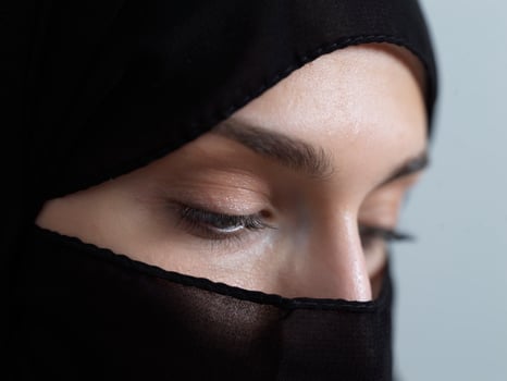 Portrait of muslim woman wearing niqab and traditional arabic clothes or abaya photo