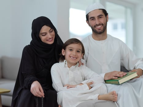 Young muslim family reading Quran during Ramadan photo