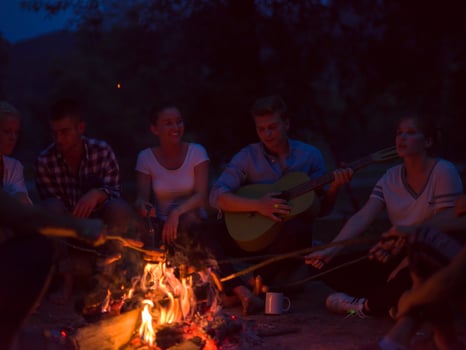 young friends relaxing around campfire photo