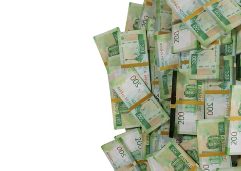 Stack Russian cash or banknotes of Rusia rubles scattered on a white background isolated The concept of Economic, Finance, Background, news, social media and texture of money 3d Rendering photo