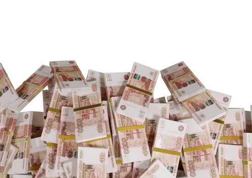 Stack Russian cash or banknotes of Rusia rubles scattered on a white background isolated The concept of Economic, Finance, Background, news, social media and texture of money 3d Rendering photo