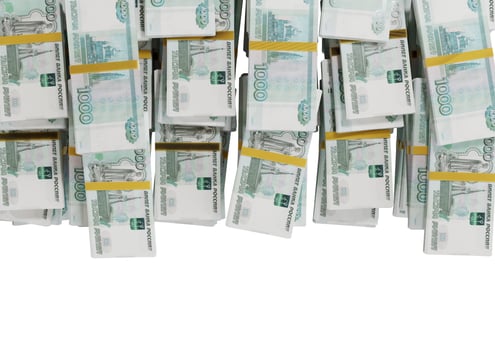 Stack Russian cash or banknotes of Rusia rubles scattered on a white background isolated The concept of Economic, Finance, Background, news, social media and texture of money 3d Rendering photo
