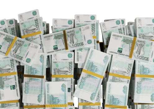 Stack Russian cash or banknotes of Rusia rubles scattered on a white background isolated The concept of Economic, Finance, Background, news, social media and texture of money 3d Rendering photo