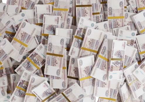 Stack Russian cash or banknotes of Rusia rubles scattered on a white background isolated The concept of Economic, Finance, Background, news, social media and texture of money 3d Rendering photo