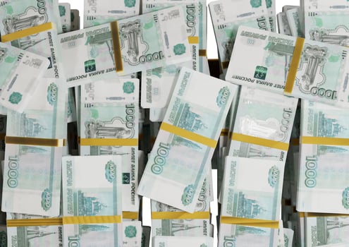 Stack Russian cash or banknotes of Rusia rubles scattered on a white background isolated The concept of Economic, Finance, Background, news, social media and texture of money 3d Rendering photo