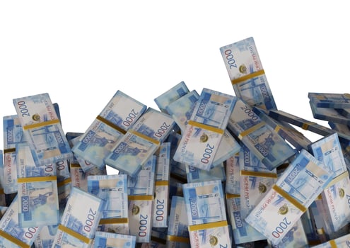 Stack Russian cash or banknotes of Rusia rubles scattered on a white background isolated The concept of Economic, Finance, Background, news, social media and texture of money 3d Rendering photo