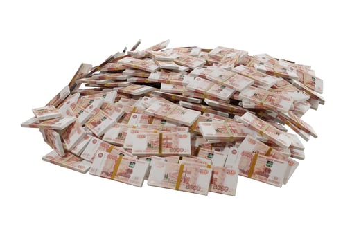 Stack Russian cash or banknotes of Rusia rubles scattered on a white background isolated The concept of Economic, Finance, Background, news, social media and texture of money 3d Rendering photo