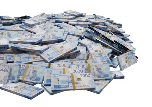 Stack Russian cash or banknotes of Rusia rubles scattered on a white background isolated The concept of Economic, Finance, Background, news, social media and texture of money 3d Rendering photo
