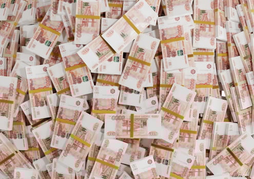 Stack Russian cash or banknotes of Rusia rubles scattered on a white background isolated The concept of Economic, Finance, Background, news, social media and texture of money 3d Rendering photo