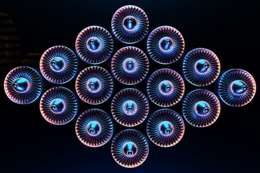3D rendering future engine rocket turbine technology under blue and purple light.  Futuristic part of a spacecraft turbine photo