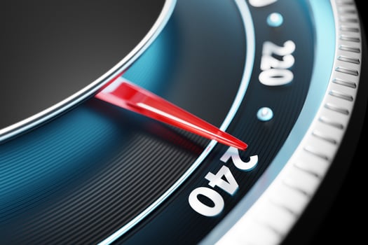 3D illustration close up black car panel, digital bright speedometer in sport style under white neon light. The speedometer needle shows a maximum speed of 240 km  h photo