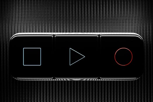 3d illustration of music switch button start, stop  and record song on black isolated background photo