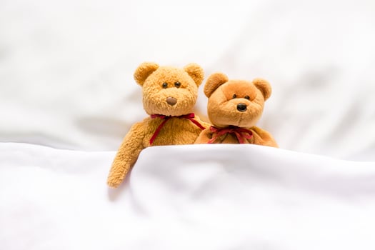 Teddy Bear doll lying in the white bed photo