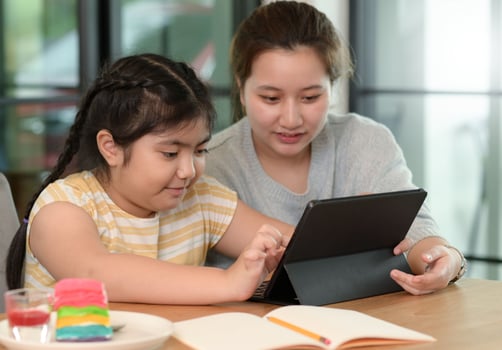 Asian girls study with a tutor, private lessons at home, sisters and sisters. photo
