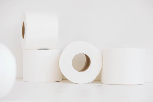 Rolls of white toilet paper on a white background photo