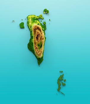Bahrain Map Shaded relief Color Height map on the sea Blue Background 3d illustration photo