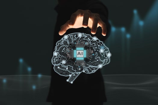 Brain with printed circuit board PCB design and businessman representing artificial intelligence AI photo