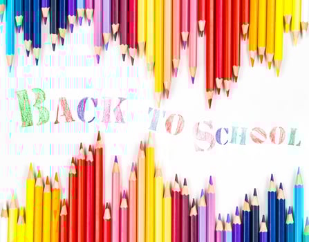 Top view banner message  Back to School  with color pencil Items for the school on white background photo